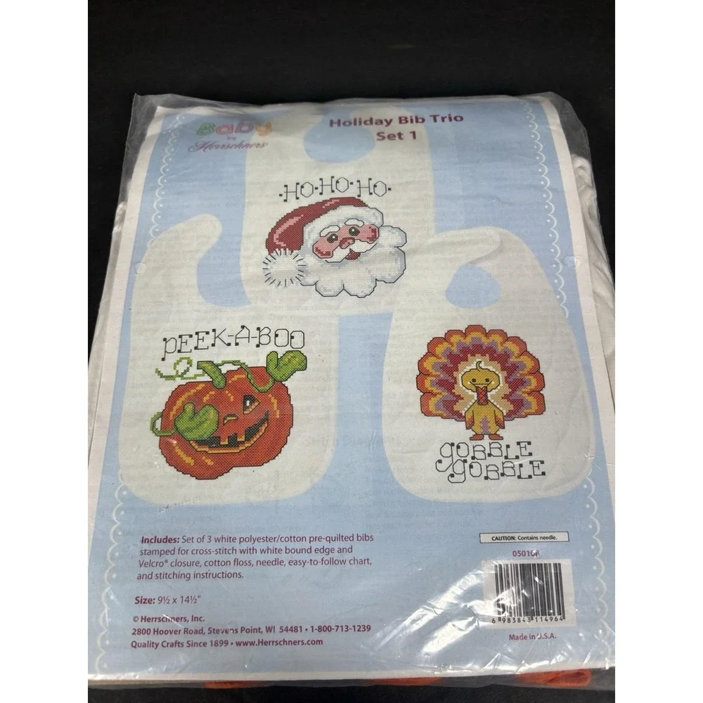 Herrschners Holiday Bib Trio Set 1 Stamped Cross Stitch Kit Santa Pumpkin Turkey